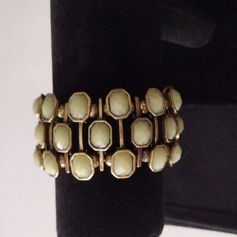 J Crew Light Olive Green Chunky Gold Tone  Stretch Bracelet